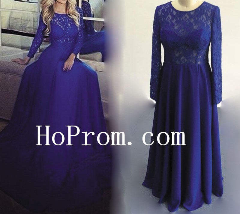 Lace Long Sleeve Prom Dresses,Blue Prom Dress,Evening Dress