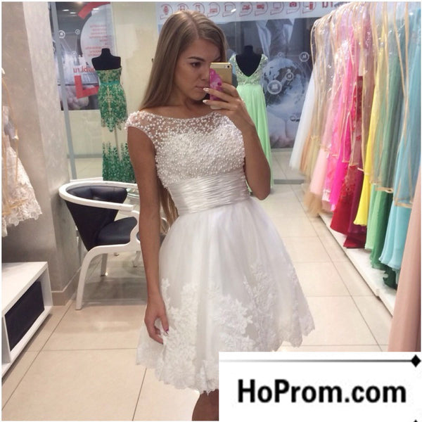 White Lace Beading Short Prom Dress Evening Dresses
