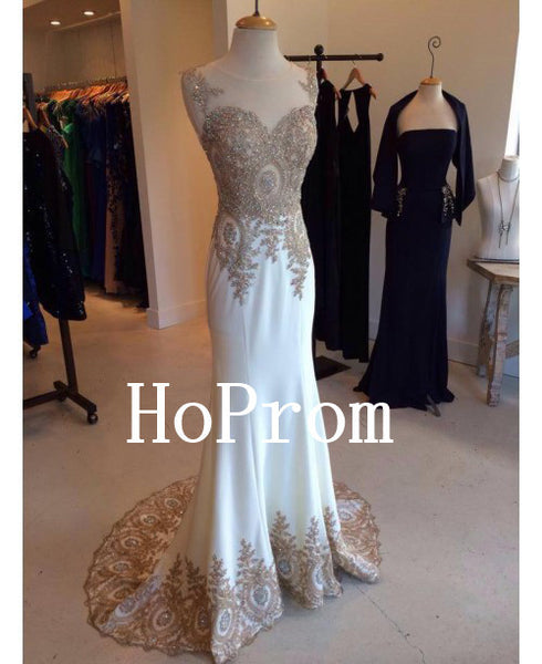 White Applique Prom Dresses,Elegant Prom Dress,Evening Dress
