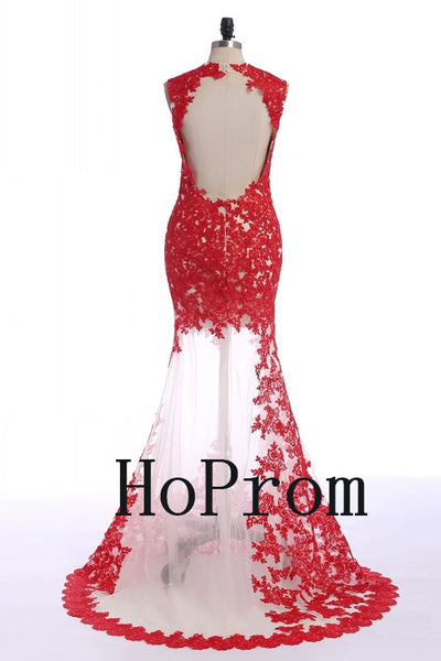 Red Applique Prom Dresses,Sleeveless Prom Dress,Evening Dress