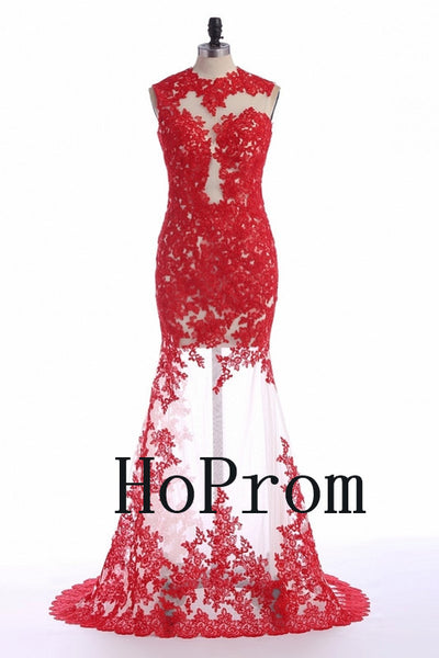 Red Applique Prom Dresses,Sleeveless Prom Dress,Evening Dress
