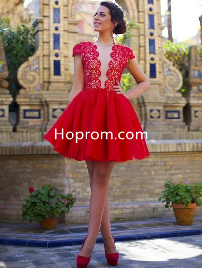 Tulle Scoop Neck ShortMini Cap Straps Casual Red Lace Homecoming  Dress