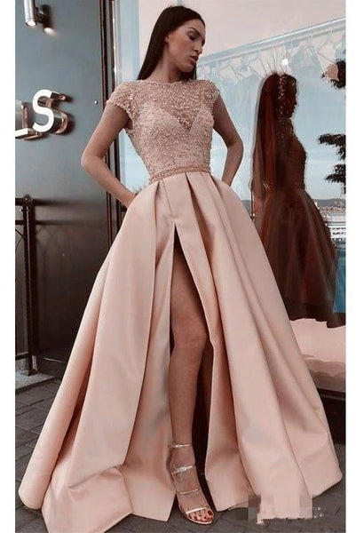 Cap Sleeve Stunning Tulle Prom Dresses Slit Elegant Evening Dresses