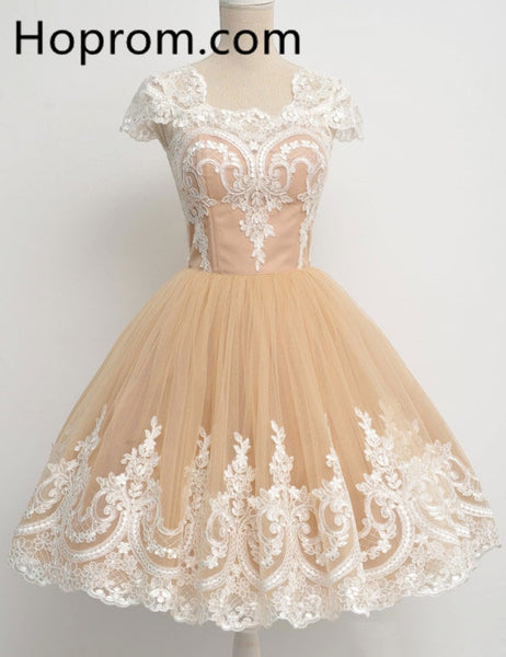 Yellow Appliques Homecoming Dress, Short Sleeve Homecoming Dress