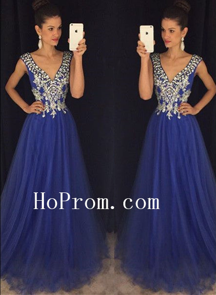 A-Line Blue Prom Dresses,V-Neck Prom Dress,Evening Dress