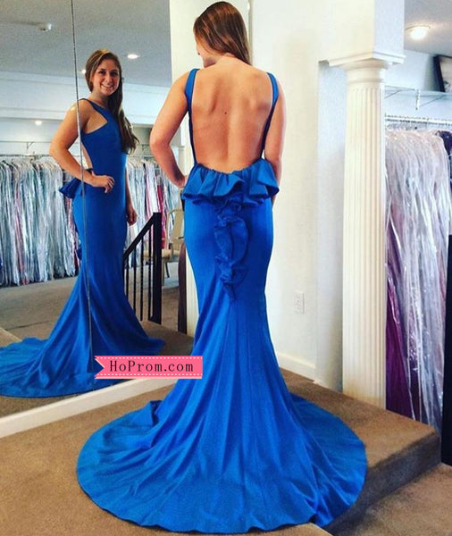 Sexy Open Back Long Jersey Blue Prom Dress with Ruffle