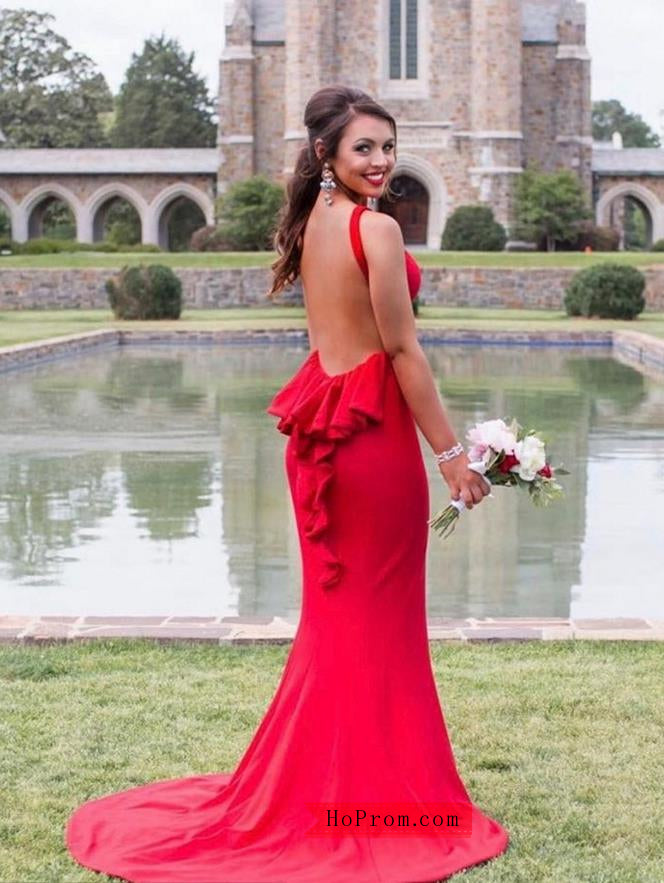 Sexy Open Back Long Jersey Red Prom Dress with Ruffle Hoprom Sexy Open Back Long Jersey Red Prom Dress with Ruffle Hoprom