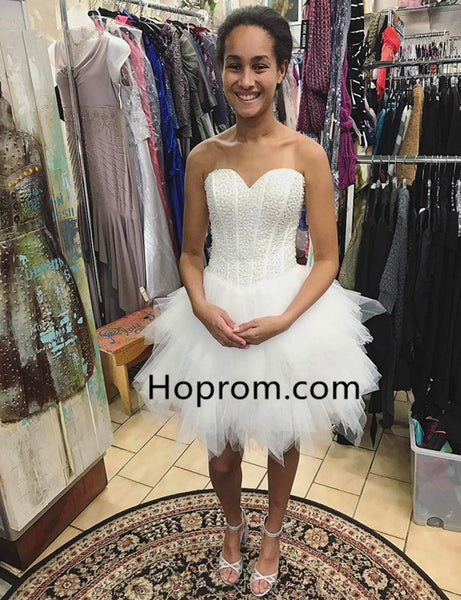 Beaded Sequins Luxurious White Homecoming Dresses Puffy Short Prom Dress