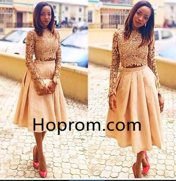 Two-Piece Lace Long-Sleeves Tea-Length Homecoming Dresses