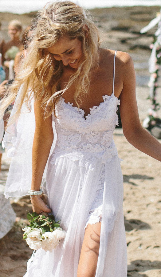 Lace Bodice Wedding Bridal Gowns, Spaghetti Strap Wedding Dress