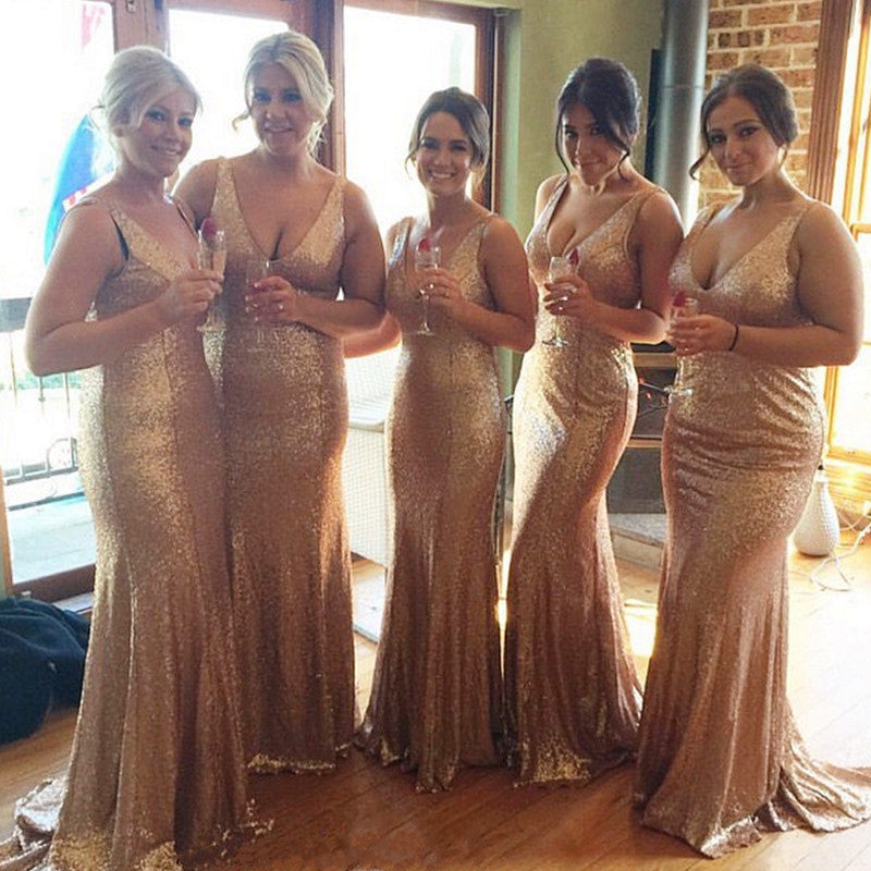 Champagne V-neck Sequins Long Bridesmaid Dresses Hoprom Champagne V-neck Sequins Long Bridesmaid Dresses Hoprom