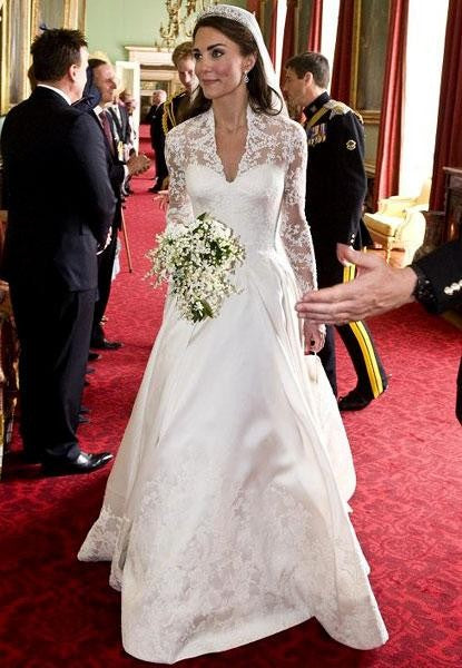 White Princess Kate Middleton Best Lace Sleeve Dress V Neck Wedding Dress Celebrity Evening Gown
