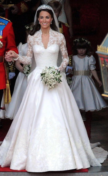White Princess Kate Middleton Best Lace Sleeve Dress V Neck Wedding Dress Celebrity Evening Gown