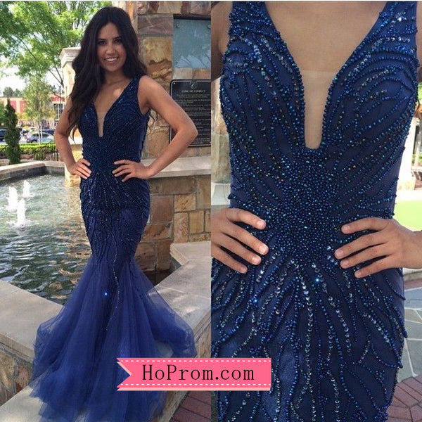 Blue Tulle Mermaid Open Back Prom Dress with Stunning Tonal Beading