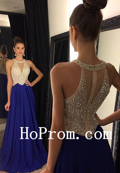 Halter Prom Dresses,A-Line Blue Prom Dress, Long Evening Dress