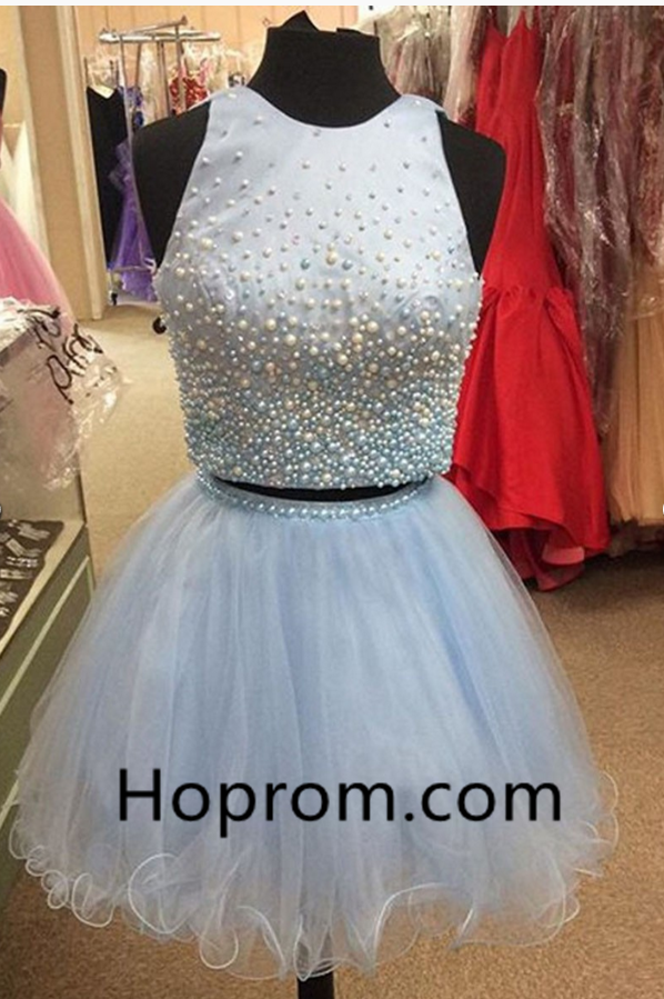 Satin Tulle ShortMini Pearl Detailing Two Piece Princess Scoop Neck Homecoming Dresses