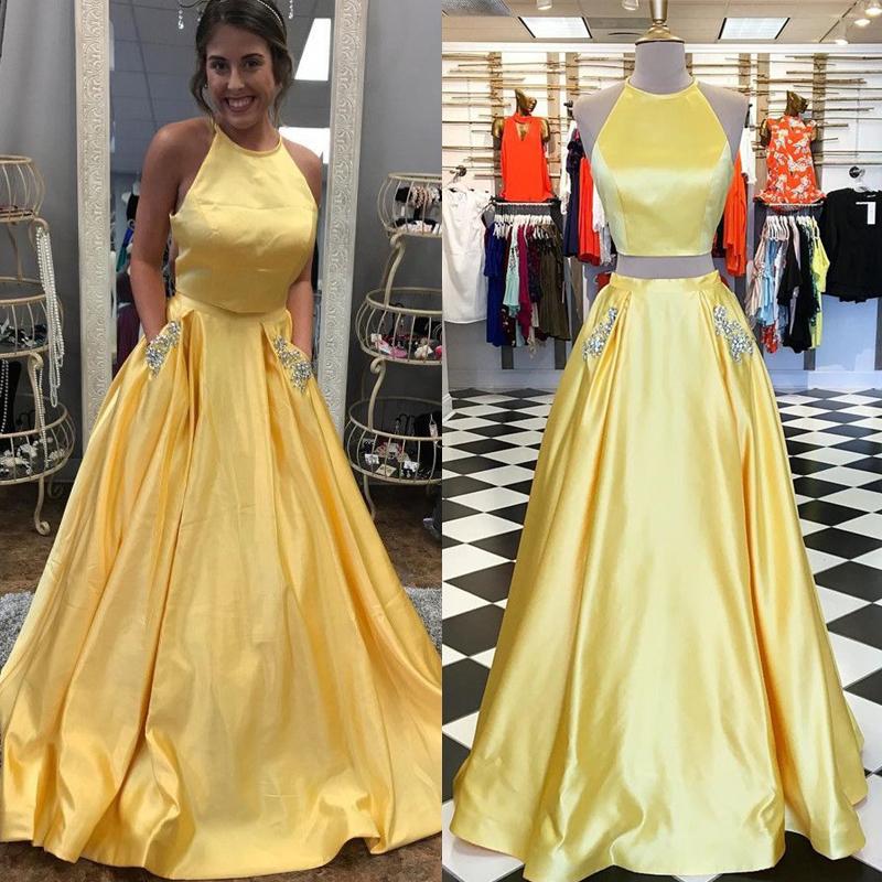 Two Piece Yellow Prom Dress with Pockets Evening Dresses