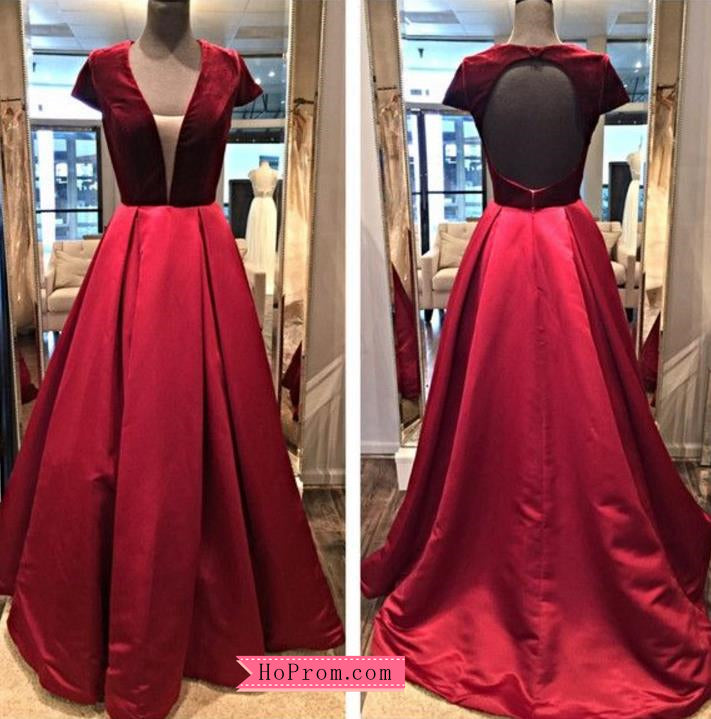 A Line Red Velvet Prom Dress with Open Back
