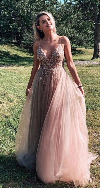 Spaghetti Straps Beaded Prom Dress Applique Tulle Evening Dresses