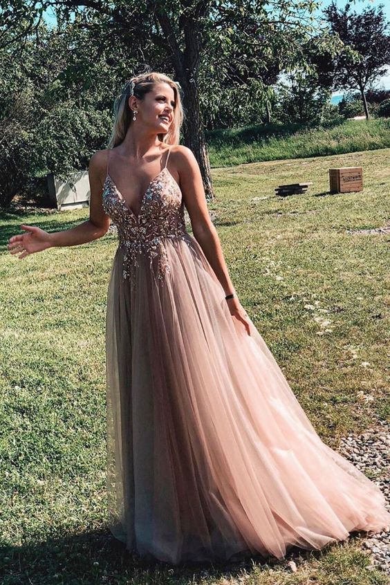 strap dresses prom Spaghetti Straps Beaded Prom Dress Applique Tulle Evening Dresses – Hoprom