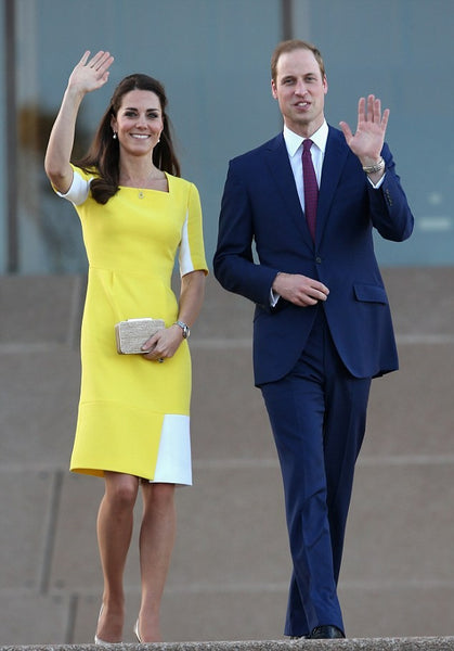 Yellow White Princess Kate Middleton Half Sleeves Cocktail Dress Knee Length Prom Celebrity Formal Dress Arrive in Australia