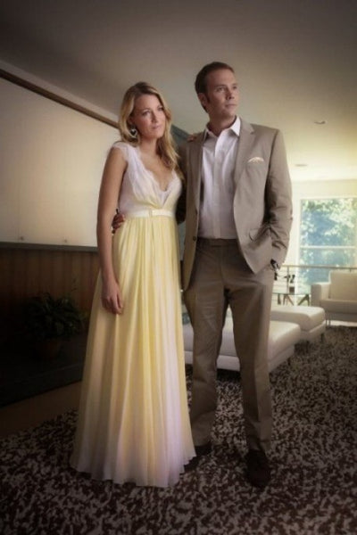 Yellow Blake Lively V Neck lace Prom Celebrity Formal Dress Serena van der Woodsen Dress Gossip Girl Season