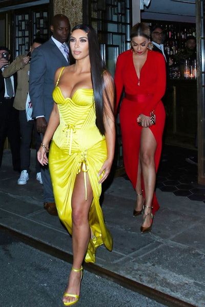 Yellow Kim Kardashian (Kim K) Corset Slit Satin Dress Straps Prom Celebrity Formal Dress For Sale