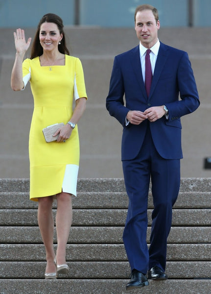 Yellow White Princess Kate Middleton Half Sleeves Cocktail Dress Knee Length Prom Celebrity Formal Dress Arrive in Australia