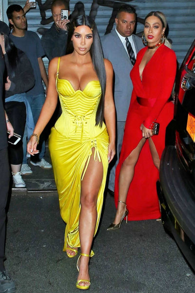 Yellow Kim Kardashian (Kim K) Corset Slit Satin Dress Straps Prom Celebrity Formal Dress For Sale