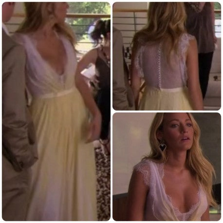Yellow Blake Lively V Neck lace Prom Celebrity Formal Dress Serena van der Woodsen Dress Gossip Girl Season