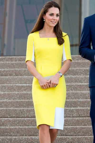 Yellow White Princess Kate Middleton Half Sleeves Cocktail Dress Knee Length Prom Celebrity Formal Dress Arrive in Australia
