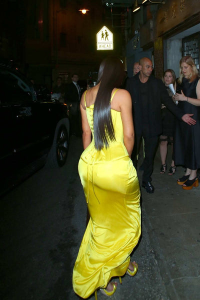 Yellow Kim Kardashian (Kim K) Corset Slit Satin Dress Straps Prom Celebrity Formal Dress For Sale