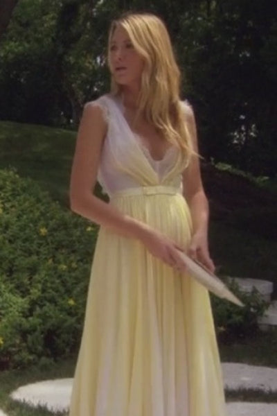 Yellow Blake Lively V Neck lace Prom Celebrity Formal Dress Serena van der Woodsen Dress Gossip Girl Season