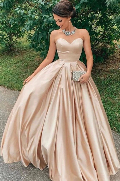 Simple Champagne Satin Prom Dresses Strapless Sweetheart Neck Evening Dresses