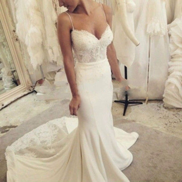 Ivory Lace Spaghetti Straps Mermaid Wedding Bridal Gown