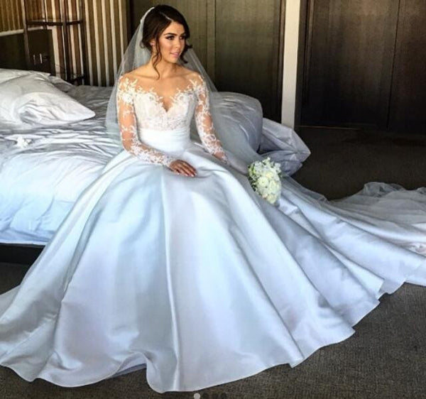 Elegant Full Lace Split Wedding Bridal Dresses with Detachable Satin Skirt