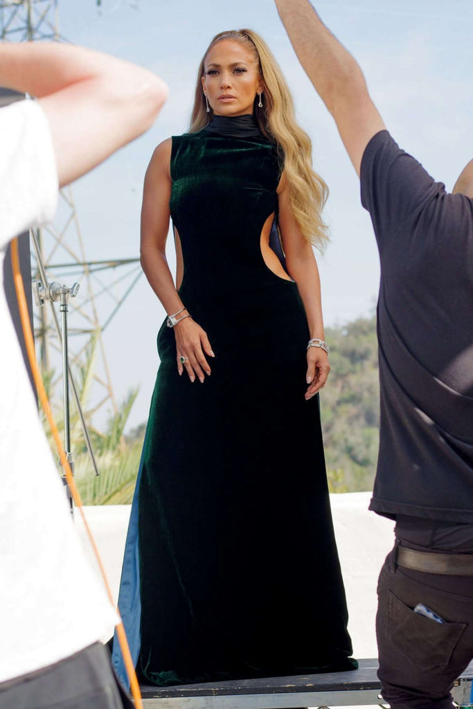 Green Jennifer Lopez (JLo) High Neck Dress Cut Out Velvet Prom Celebri Hoprom Green Jennifer Lopez (JLo) High Neck Dress Cut Out Velvet Prom Celebri Hoprom