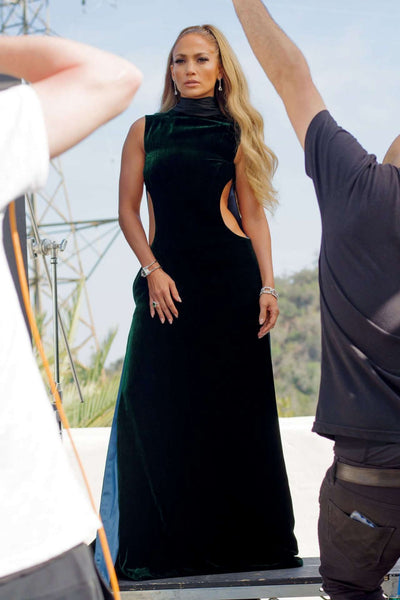 Green Jennifer Lopez (JLo) High Neck Dress Cut Out Velvet Prom Celebrity Dress InStyle Magazine