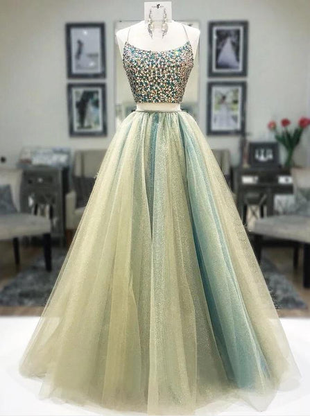 Modest Long Two Piece Prom Dresses Beaded Spaghetti Straps Evening Dress