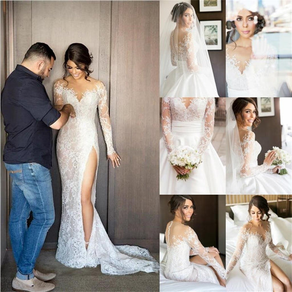 Elegant Full Lace Split Wedding Bridal Dresses with Detachable Satin Skirt