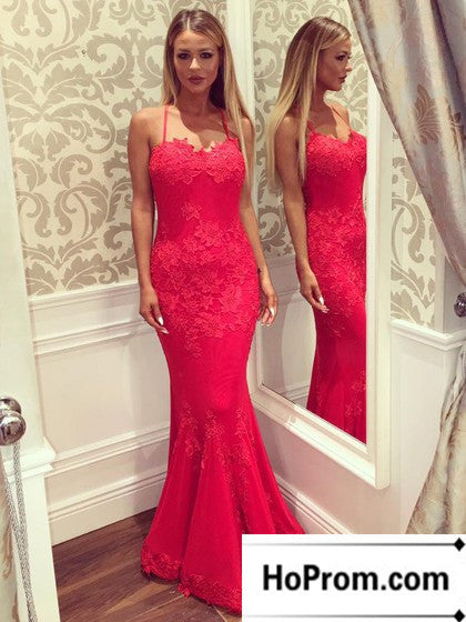 Spaghetti Straps Red Lace Prom Dress Evening Dresses