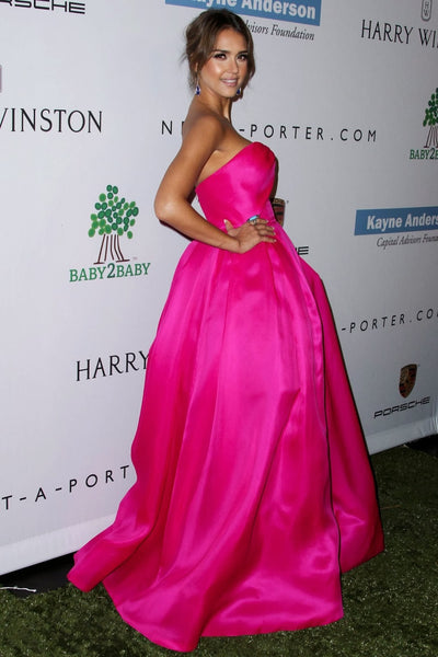 Fuchsia Jessica Alba Strapless A Line Dress Satin Prom Celebrity Formal Evening Dress Baby2Baby Gala