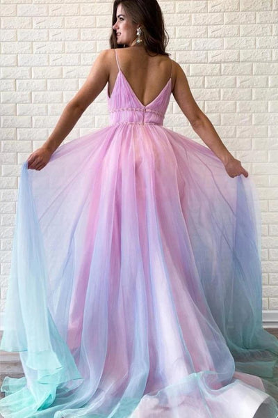 A Line Long Chiffon Prom Dresses Spagheeti Straps ombre Evening Dresses