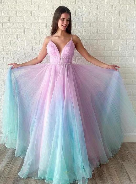 ombre chiffon prom dress 2024 Romantic Elegant Ombre Chiffon V Neck A Line Long Prom Dress