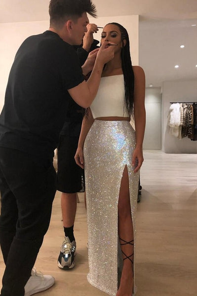 White Kim Kardashian (Kim K) Two Piece Sequins Dress Slit Prom Red Carpet Dress MTV Awards