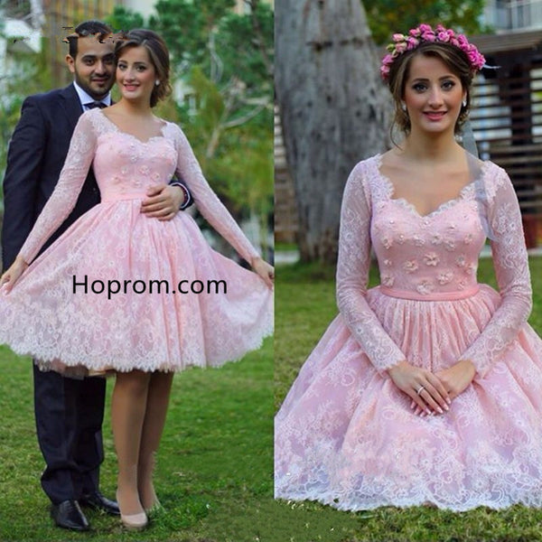 Pink Long Sleeve Homecoming Dresses Lace Lovely Girls Graduation Gowns Flower