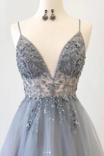 Spaghetti Straps Applique Beaded Prom Dresses Evening Dresses Grey & Brown 2 Colors