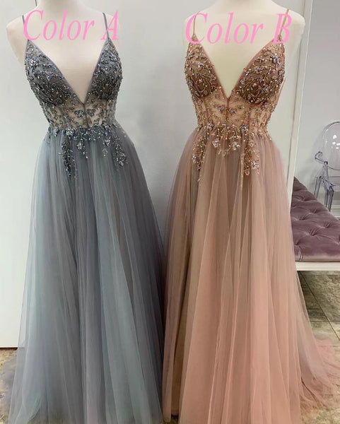 Spaghetti Straps Applique Beaded Prom Dresses Evening Dresses Grey & Brown 2 Colors