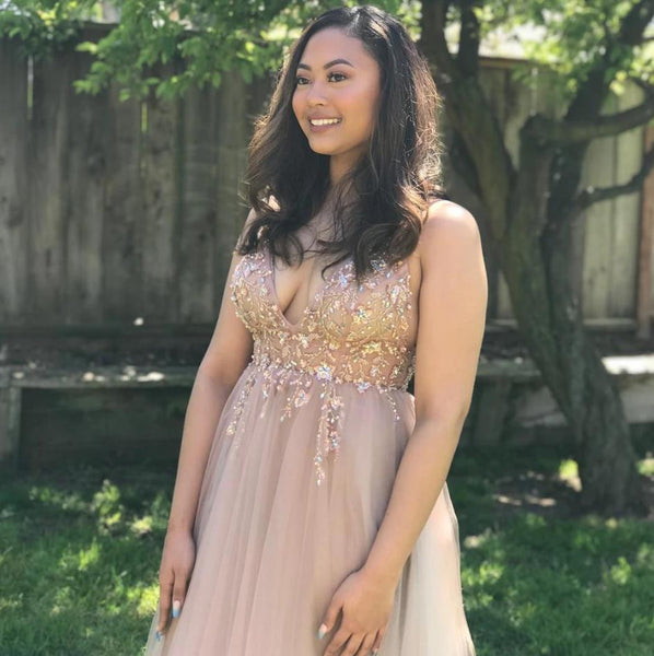 Spaghetti Straps Applique Beaded Prom Dresses Evening Dresses Grey & Brown 2 Colors