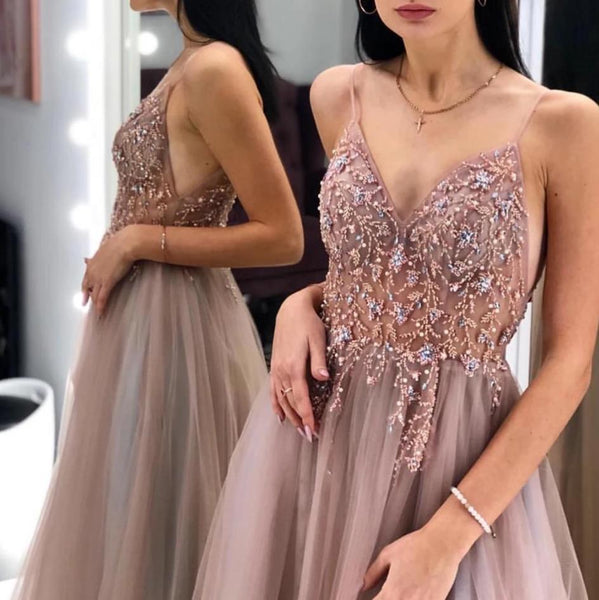 Spaghetti Straps Applique Beaded Prom Dresses Evening Dresses Grey & Brown 2 Colors